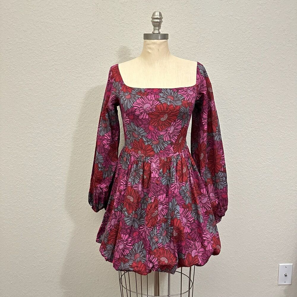 KARIELLA Puff Sleeve and Hem Mini Dress in Multi Floral Print Square Neck